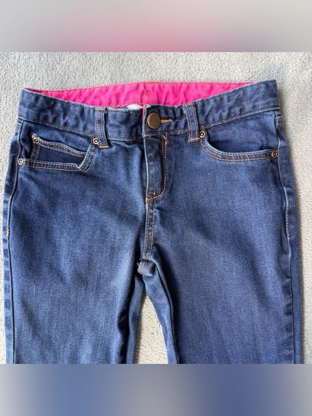 Garnet Hill Kids Dark Blue Skinny Jeans with Pink Waistband